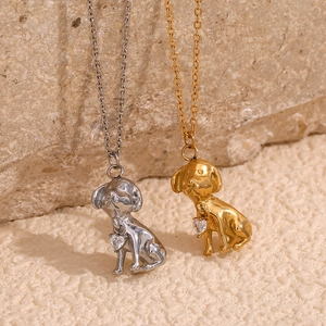3D Puppy Dog Pendant Necklace Stainless Steel 18K Gold Plated Cute Heart Zirconia Fashion Jewelry Women