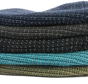 Close-up of thick knit beanie hats in five colors showing reflective yarn textures