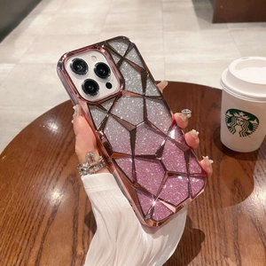 Detailed view of luxury pink glitter rhombic iPhone case with electroplated rose gold edges