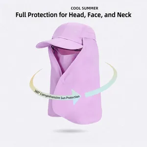 Light purple outdoor sun hat with neck flap and face cover for summer hiking and cycling