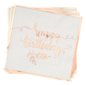 White and rose gold happy birthday paper napkins for girls party decorations