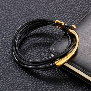 Double-wrap black leather bracelet with gold stainless steel fish hook clasp