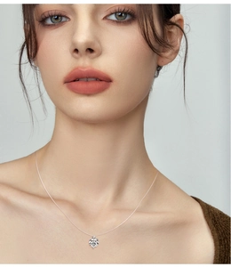 Detailed macro view of D-color Moissanite pendant with invisible chain on neck