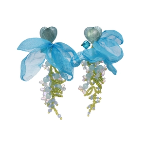 Blue chiffon bow earrings with resin heart beads and long floral beaded tassels
