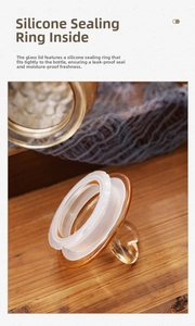 Detail of amber glass lid with silicone sealing ring for moisture-proof food storage