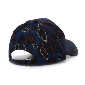 Navy blue baseball cap with red leopard print and gold glitter outlines for outdoor sport