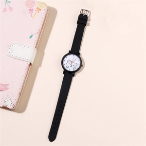 Pink quartz watch with cute cat dial and silicone strap for girls and students