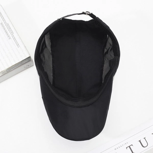 Breathable black quick-dry sport cap for men and women with mesh panels and adjustable metal buckle