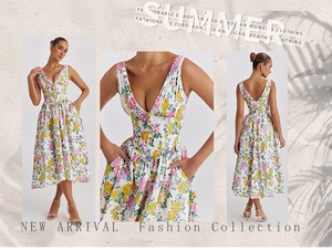 Three-panel detail view of a floral V-neck midi dress with waist cinch and plant shadows