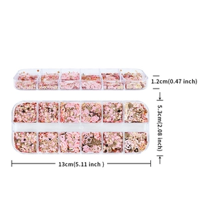 Detailed dimensions of 12-slot storage box with pink and gold nail art sequins