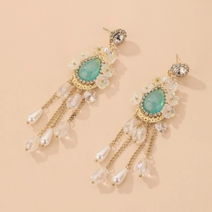 Alloy Flower Tassel Drop Earrings With 925 Sterling Silver Earring Post Blue Crystal Rhinestone Vintage French Court Style