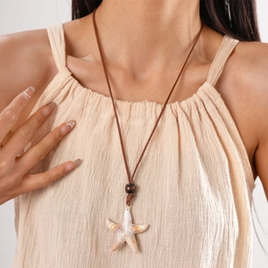 Collier Pendentif Étoile De Mer Acrylique Résine Faux Coquillage Perle En Bois Cordon Cuir Bijoux De Plage Pour Femmes