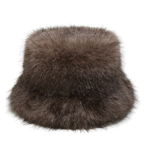 Detail of dark brown faux fox fur bucket hat with thick plush texture for winter warmth