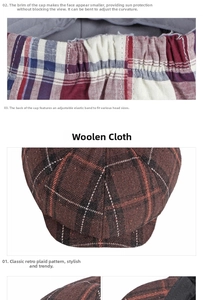 Detail of adjustable elastic band and plaid wool texture on retro newsboy cap