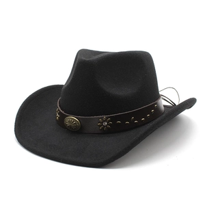 Chapeau de cowboy noir en laine avec bandeau en cuir marron et boucle vintage en métal