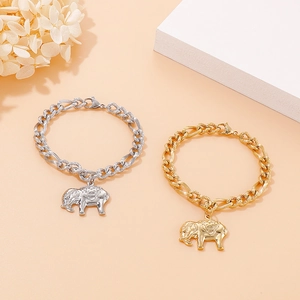 Minimalist titanium steel elephant charm bracelet in gold and silver metallic finishes