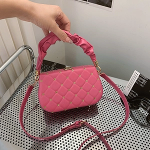 Women Quilted PU Leather Crossbody Bag Ruched Handle Golden Flower Rivet Elegant Small Square Handbag Daily Fashion
