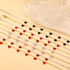 Minimalist stainless steel heart anklet with colorful enamel charms on gold chain