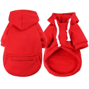 Front and back view of a red hooded pet sweatshirt with a functional zipper pocket