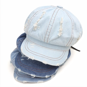 Retro Washed Denim Newsboy Cap Women Distressed Hole Frayed Edge Octagonal Hat Vintage Streetwear Cotton Headwear