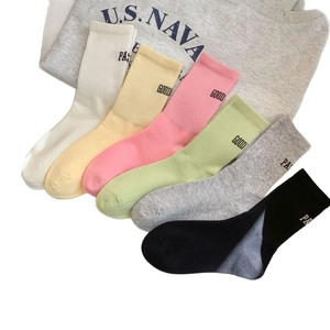 6-pair set of combed cotton crew socks for women featuring embroidered letter patterns
