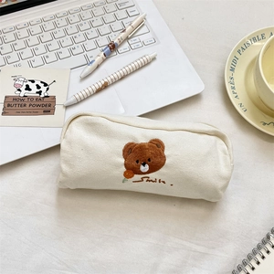 Cute bear embroidered canvas pencil case in cream with spacious storage for students