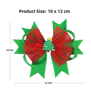 Detail of Christmas bow clip in red and green layers with size dimensions 10x12cm