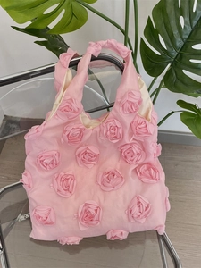Pink 3D floral canvas shoulder bag with handmade rose patterns for women travel