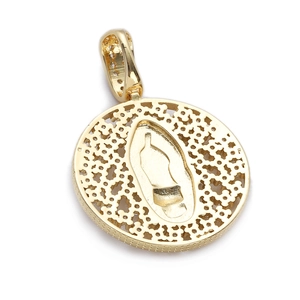 14K gold plated circular Virgin Mary pendant with intricate openwork floral border detail