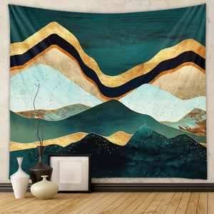 Abstract mountain wall tapestry with modern gold and teal landscape art for room decor