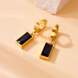 Minimalist gold snake chain earrings featuring rectangular black zircon pendant stones