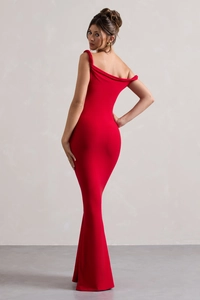 Rear view of a red off-shoulder bodycon mermaid dress featuring an elegant backless design