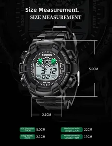 Size chart for waterproof digital sports watch showing dial and strap measurements