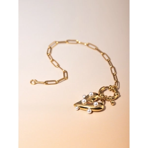 18K gold plated stainless steel heart pendant bracelet with pearls and paperclip chain
