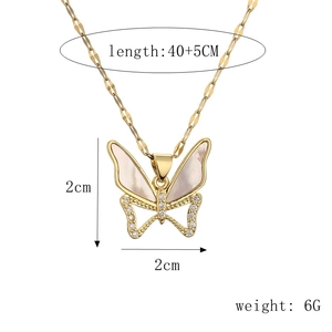 Detailed view of gold butterfly pendant showing dimensions of 2cm and 45cm chain length