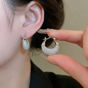 Sparkling zircon silver hoop earrings for women shown in close-up and model wear
