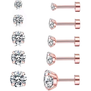 Rose gold 316L stainless steel stud earrings with round cubic zirconia in five sizes