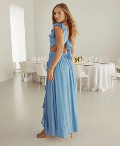 Elegant sky blue two-piece set with backless halter top and pleated maxi skirt