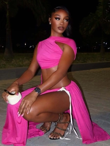 Sexy rose pink two-piece set featuring cutout crop top and side tie maxi skirt
