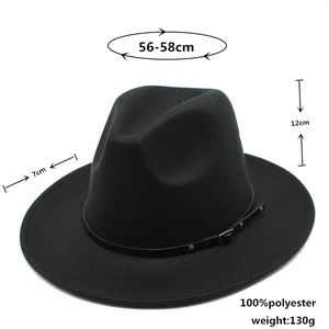 Detailed view of black wool-style fedora with faux leather buckle and sizing dimensions