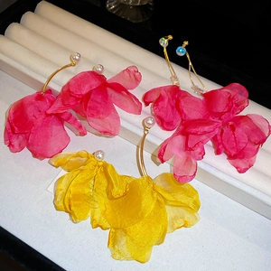 Resort style lace flower earrings with pearls and crystals in rose red and yellow
