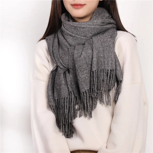 Classic grey cashmere-like scarf with fringe detail, cozy winter shawl for women