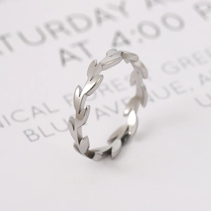 Minimalist silver laurel leaf stainless steel ring with elegant brushed metal finish