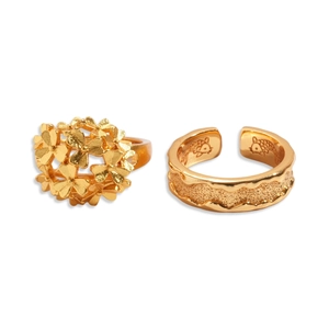 24k gold-plated floral cluster and textured wave open rings with intricate engravings