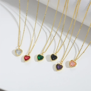 Set of six heart pendant necklaces in gold finish with colorful zircon gemstones