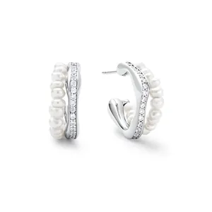 C-Shaped Hoop Artificial Pearl Stud Earrings Copper With Zirconia And 925 Sterling Silver Earring Post For Women