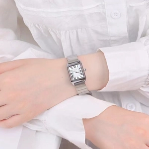 Minimalist rectangular silver quartz watch with Roman numerals and metal link strap