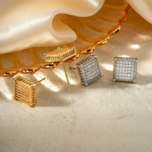Square pave-set zircon stud earrings in gold and silver finish for a luxury look