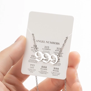 Detailed view of silver 999 angel number pendant with English meaning card