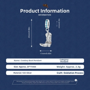 Detailed view of 925 silver cowboy boot pendant with 25mm height and weight dimensions